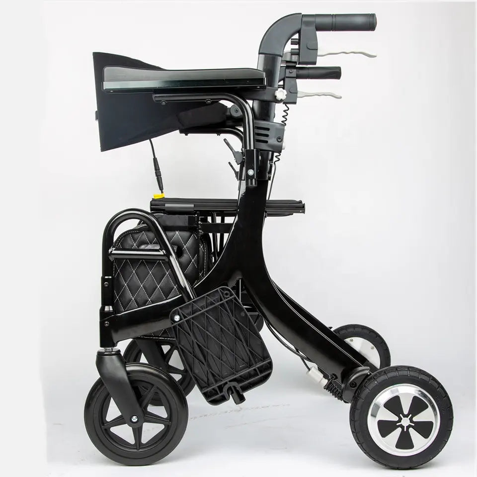 Electric rollator walker with seat, motor assistance and hand brakes